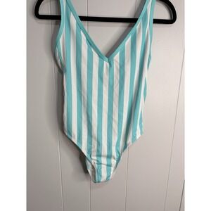 KONA SOL Womens Size S Turquoise Stripe V Neck Over Shoulder High Leg Swimsuit